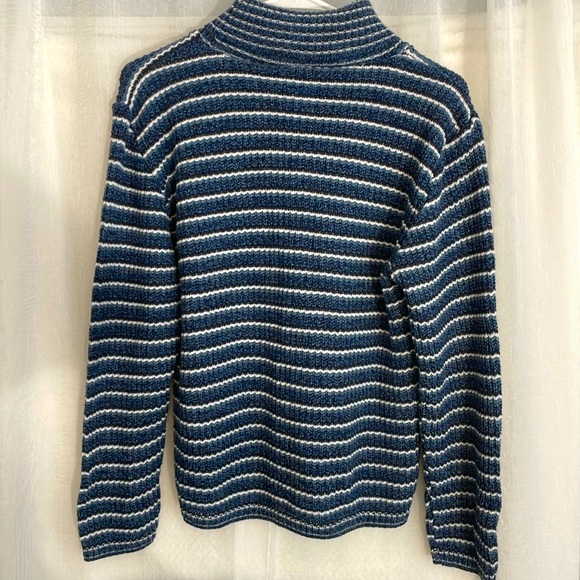 East west Vintage 90s blue / white Striped Mock neck long sleeve Sweater Size XL - Picture 2 of 3